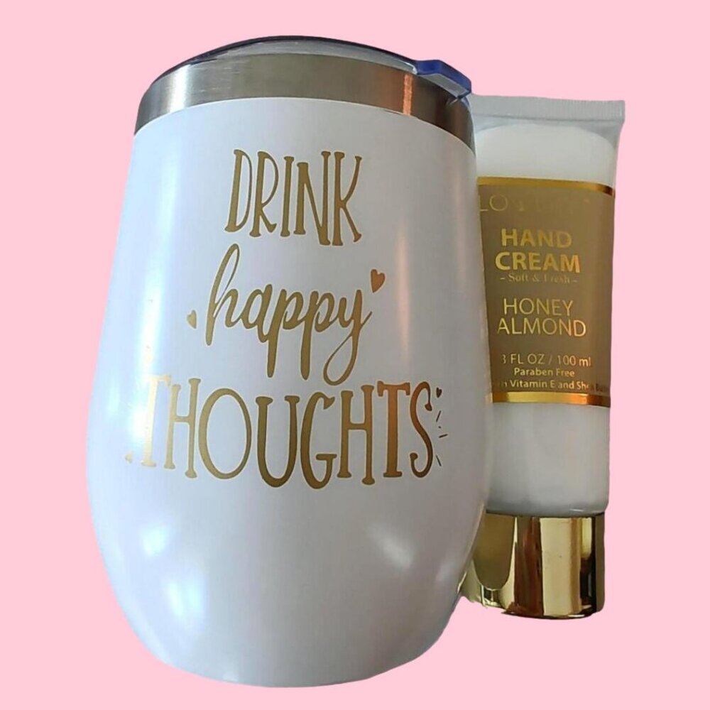 New Drink Happy Thoughts Coffee Wine Tumbler & Honey Almond Hand Cream